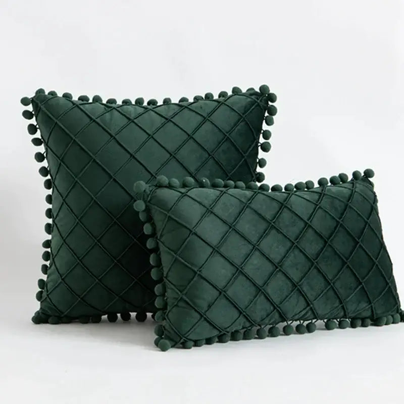 Emerald and burgundy corduroy striped pompom pillowcase living room