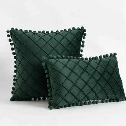 Emerald and burgundy corduroy striped pompom pillowcase living room