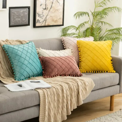 Emerald and burgundy corduroy striped pompom pillowcase living room