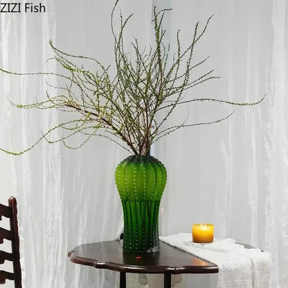 Emerald green cactus frosted glass vase living room table decor