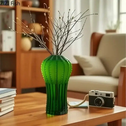 Emerald green cactus frosted glass vase living room table decor
