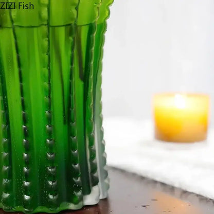 Emerald green cactus frosted glass vase living room table decor