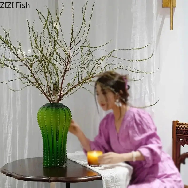 Emerald green cactus frosted glass vase living room table decor