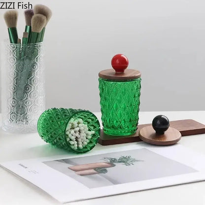 Emerald green diamond glass storage jar with walnut lid kitchen decor