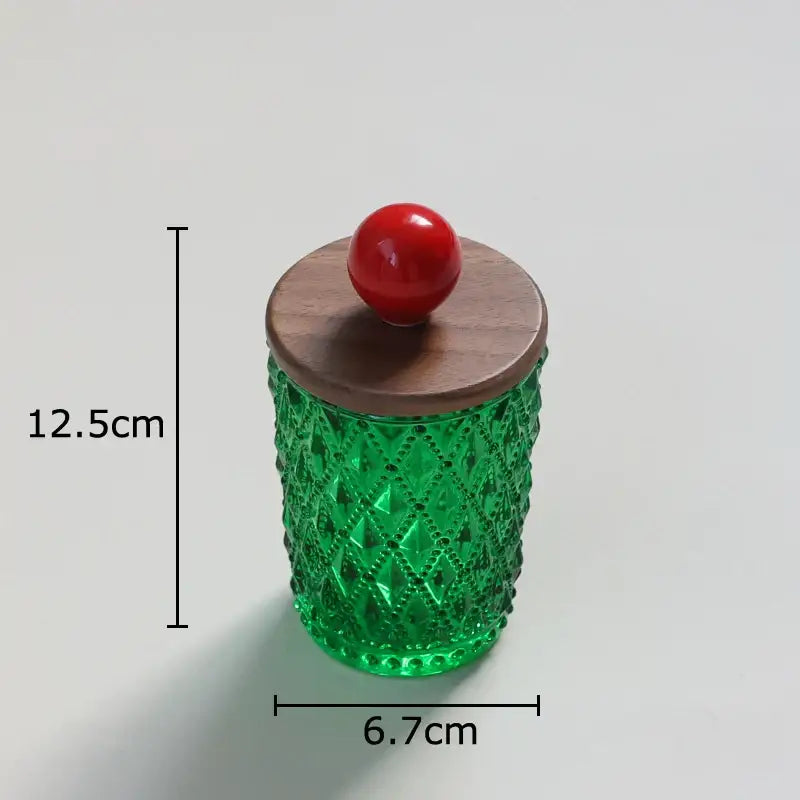 Emerald green diamond glass storage jar with walnut lid kitchen decor