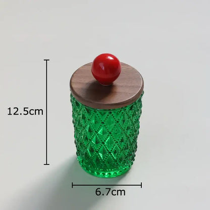 Emerald green diamond glass storage jar with walnut lid kitchen decor