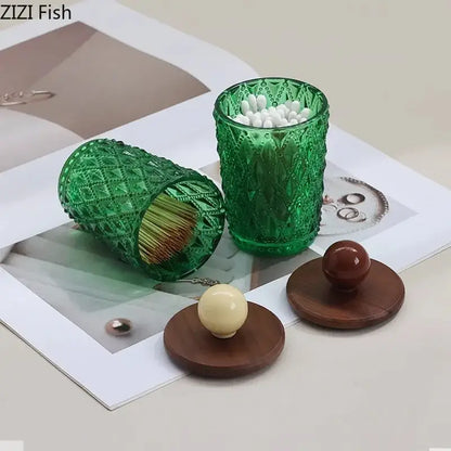 Emerald green diamond glass storage jar with walnut lid kitchen decor