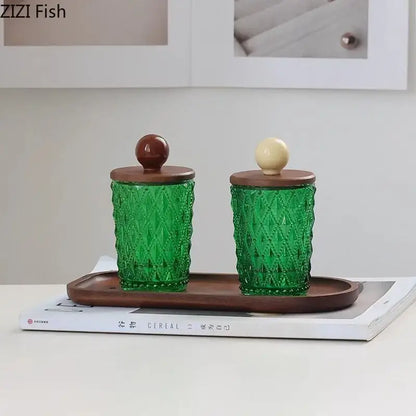 Emerald green diamond glass storage jar with walnut lid kitchen decor