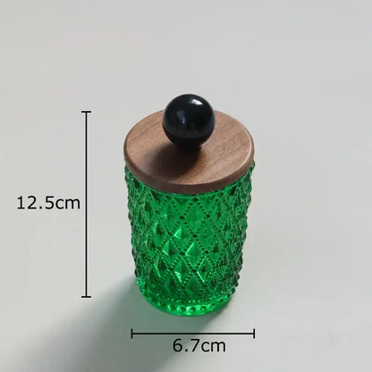 Emerald green diamond glass storage jar with walnut lid kitchen decor