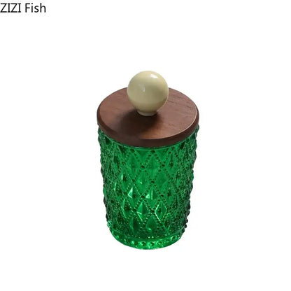 Emerald green diamond glass storage jar with walnut lid kitchen decor