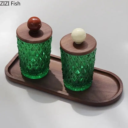 Emerald green diamond glass storage jar with walnut lid kitchen decor