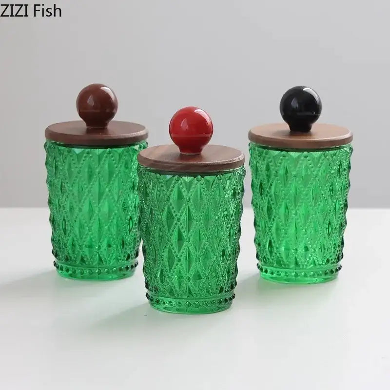 Emerald green diamond glass storage jar with walnut lid kitchen decor