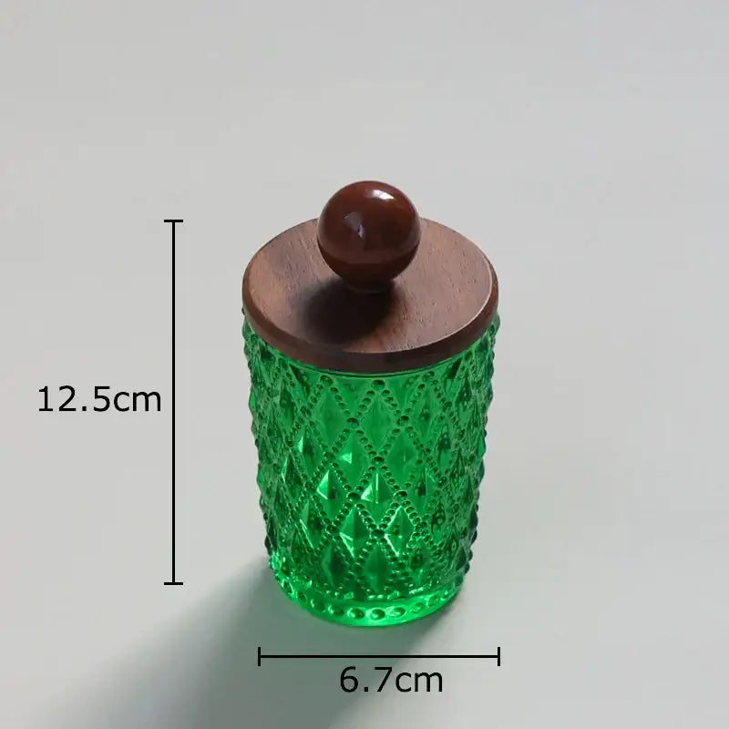 Emerald green diamond glass storage jar with walnut lid kitchen decor