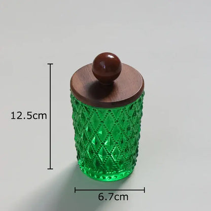 Emerald green diamond glass storage jar with walnut lid kitchen decor