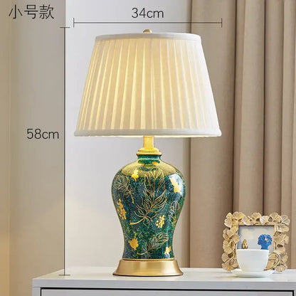 Emerald green floral ceramic table lamp living room golden leaf decor