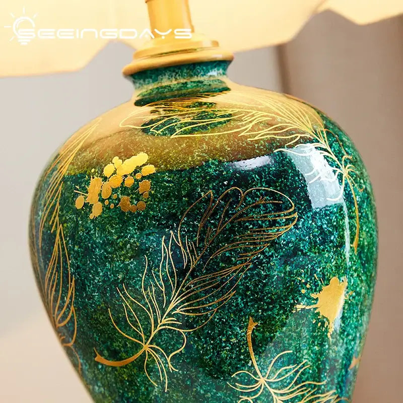 Emerald green floral ceramic table lamp living room golden leaf decor