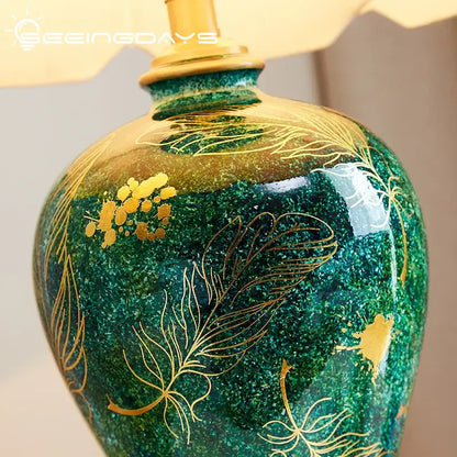 Emerald green floral ceramic table lamp living room golden leaf decor