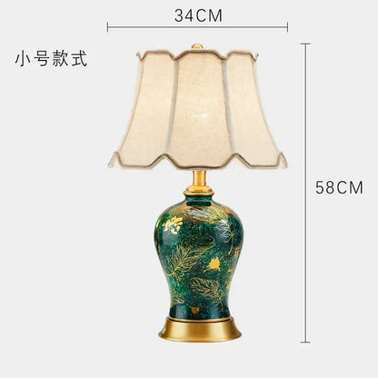 Emerald green floral ceramic table lamp living room golden leaf decor