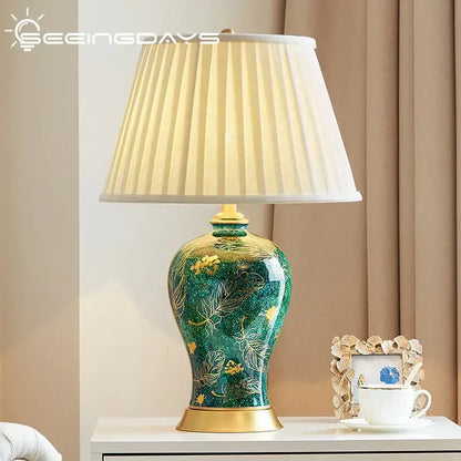 Emerald green floral ceramic table lamp living room golden leaf decor