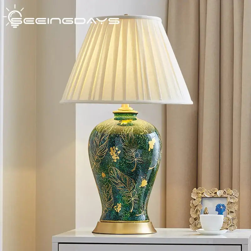 Emerald green floral ceramic table lamp living room golden leaf decor