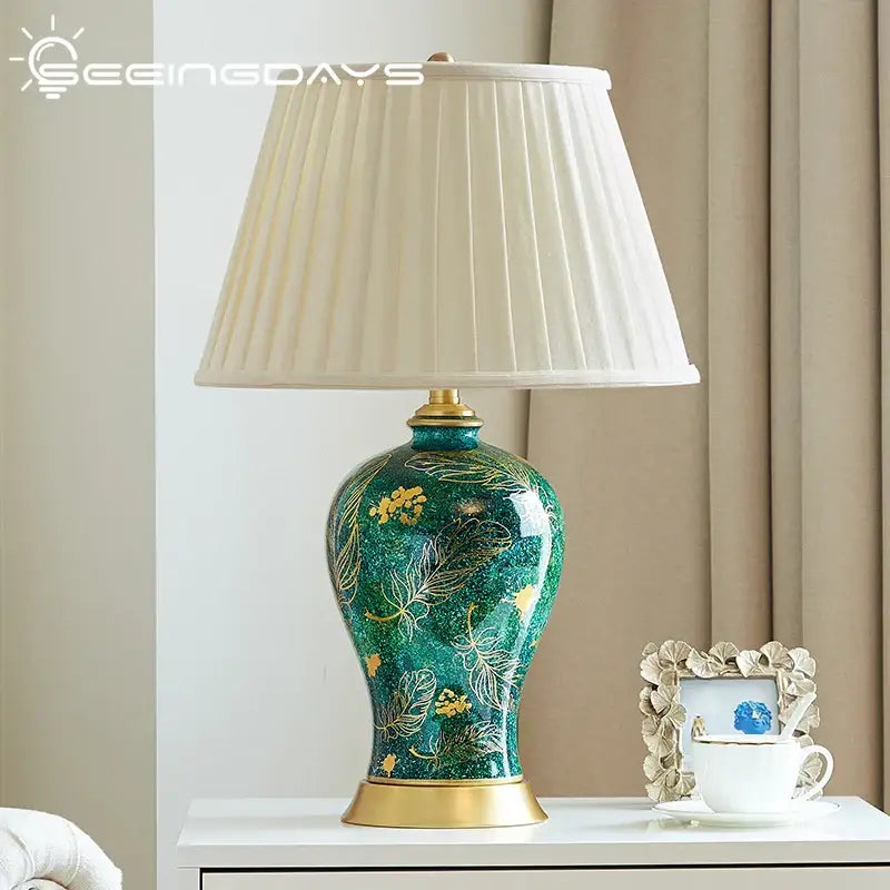 Emerald green floral ceramic table lamp living room golden leaf decor