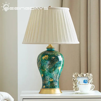 Emerald green floral ceramic table lamp living room golden leaf decor