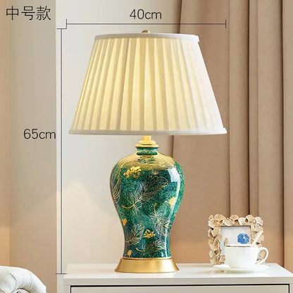 Emerald green floral ceramic table lamp living room golden leaf decor