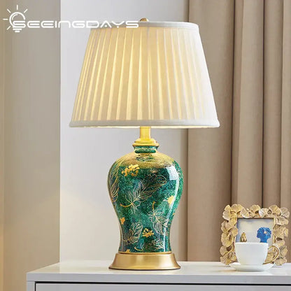Emerald green floral ceramic table lamp living room golden leaf decor