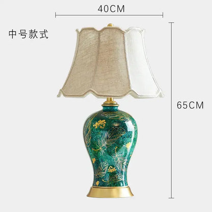 Emerald green floral ceramic table lamp living room golden leaf decor