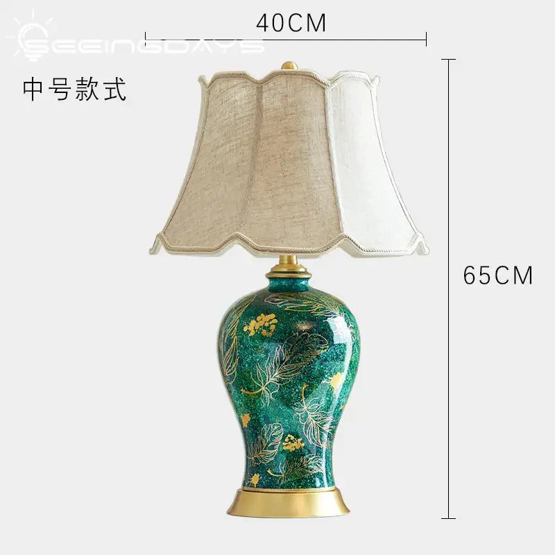 Emerald green floral ceramic table lamp living room golden leaf decor