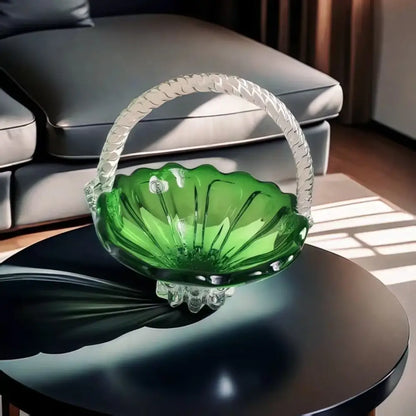 Emerald green glass fruit basket with crystal handle living room tray