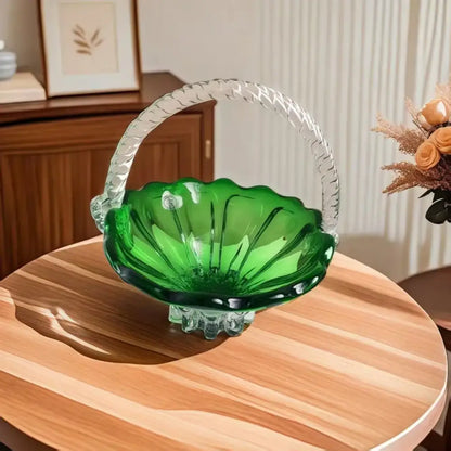 Emerald green glass fruit basket with crystal handle living room tray