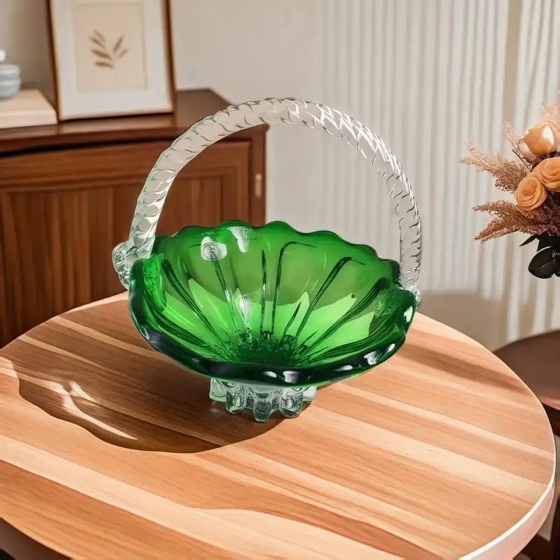 Emerald green glass fruit basket with crystal handle living room tray