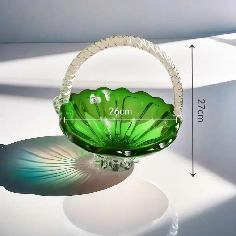 Emerald green glass fruit basket with crystal handle living room tray