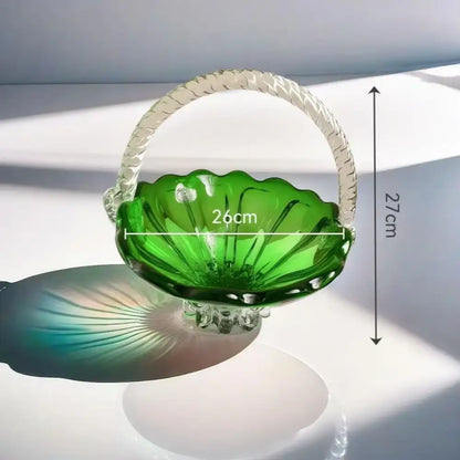 Emerald green glass fruit basket with crystal handle living room tray
