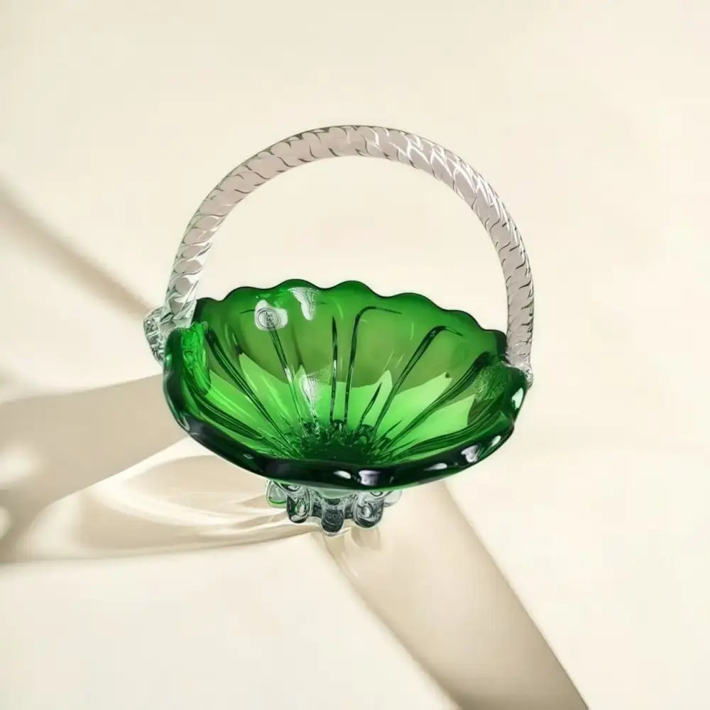 Emerald green glass fruit basket with crystal handle living room tray