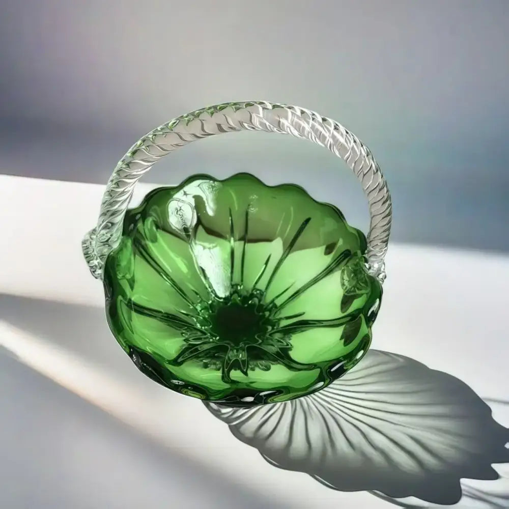 Emerald green glass fruit basket with crystal handle living room tray