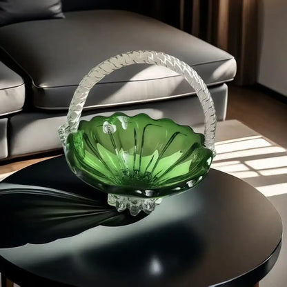 Emerald green glass fruit basket with crystal handle living room tray