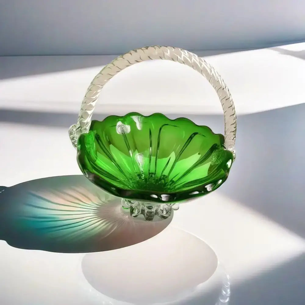 Emerald green glass fruit basket with crystal handle living room tray