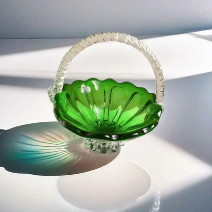 Emerald green glass fruit basket with crystal handle living room tray
