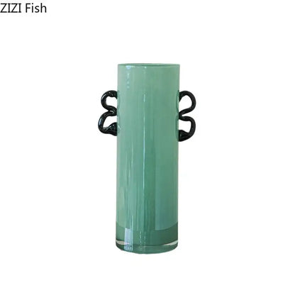 Emerald green glass vase with black handles living room decor