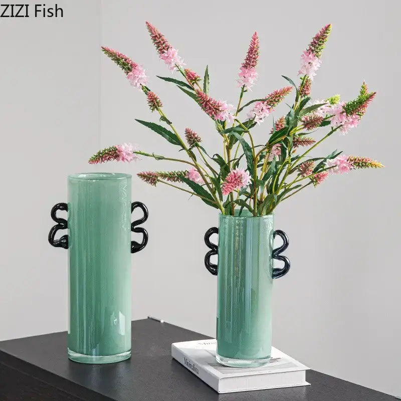 Emerald green glass vase with black handles living room decor