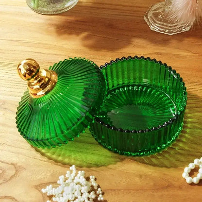 Emerald green striped glass storage jar bedroom jewelry jar