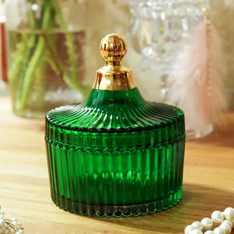 Emerald green striped glass storage jar bedroom jewelry jar