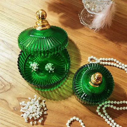 Emerald green striped glass storage jar bedroom jewelry jar