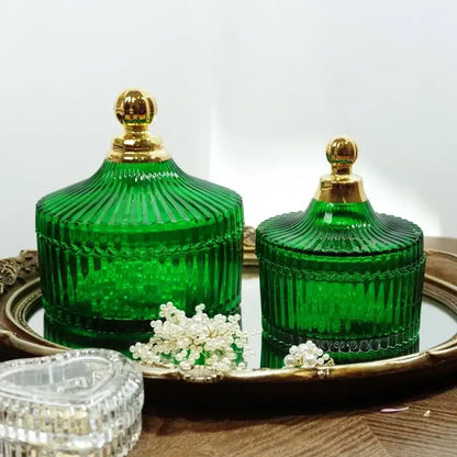 Emerald green striped glass storage jar bedroom jewelry jar