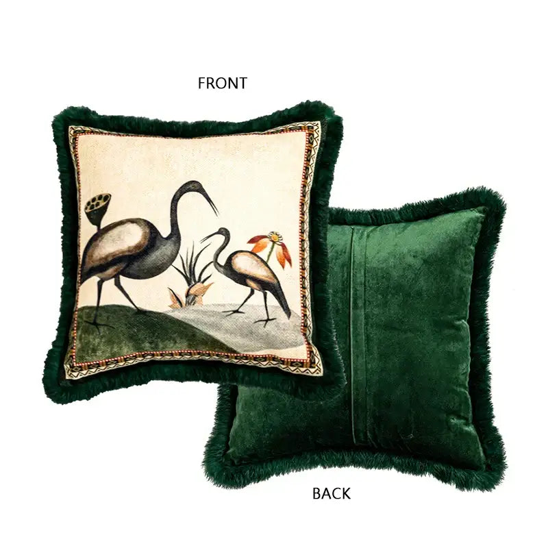 Emerald green velvet birds floral print cushion cover living room