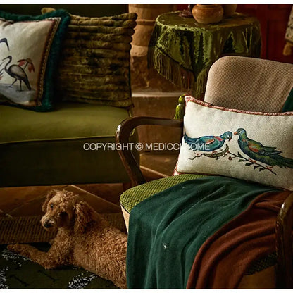 Emerald green velvet birds floral print cushion cover living room