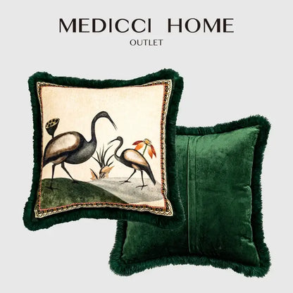 Emerald green velvet birds floral print cushion cover living room