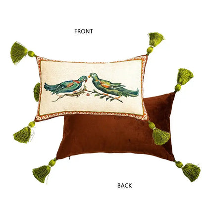 Emerald green velvet birds floral print cushion cover living room